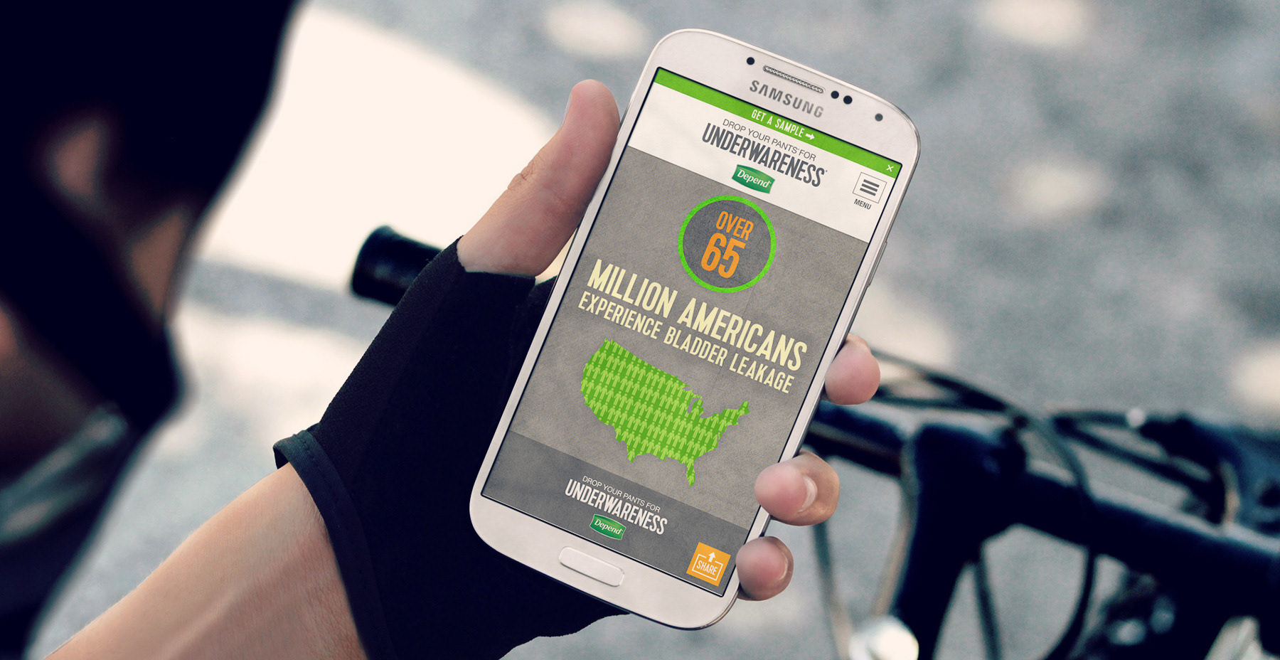 Smartphone displaying Depend “Underwareness” campaign landing page featuring statistic that over 65 million Americans experience bladder leakage.
